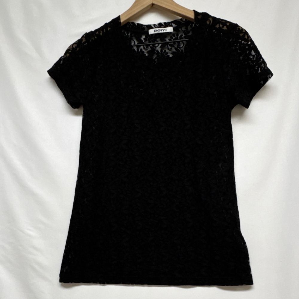 DKNYC Black Lace Short Sleeve Round Neck Camisole Nylon/Elastane Blouse S